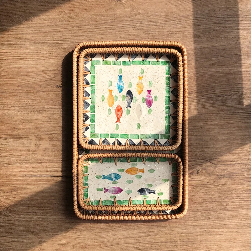 

Поднос из ротанга во французском стиле кантри с деталями ракушек, элегантное сервировочное блюдо для чайных закусок, декоративный органайзер для гостиной