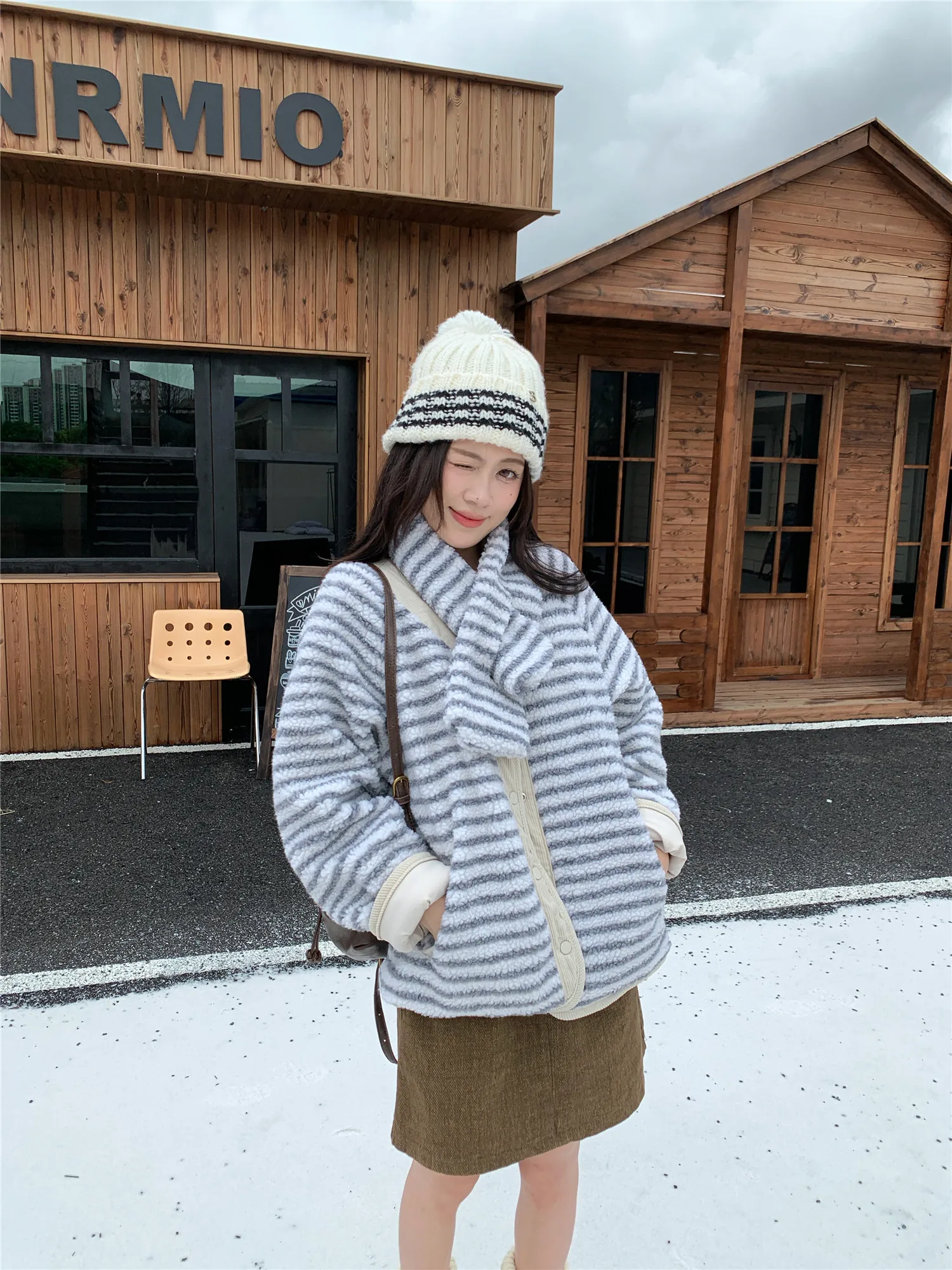 Korean Sweet Two Side Wear Padded Jacket Women Fleece Lined Thick Warm Parkas Woman Lazy Style Stripe Scarf Winter Jackets