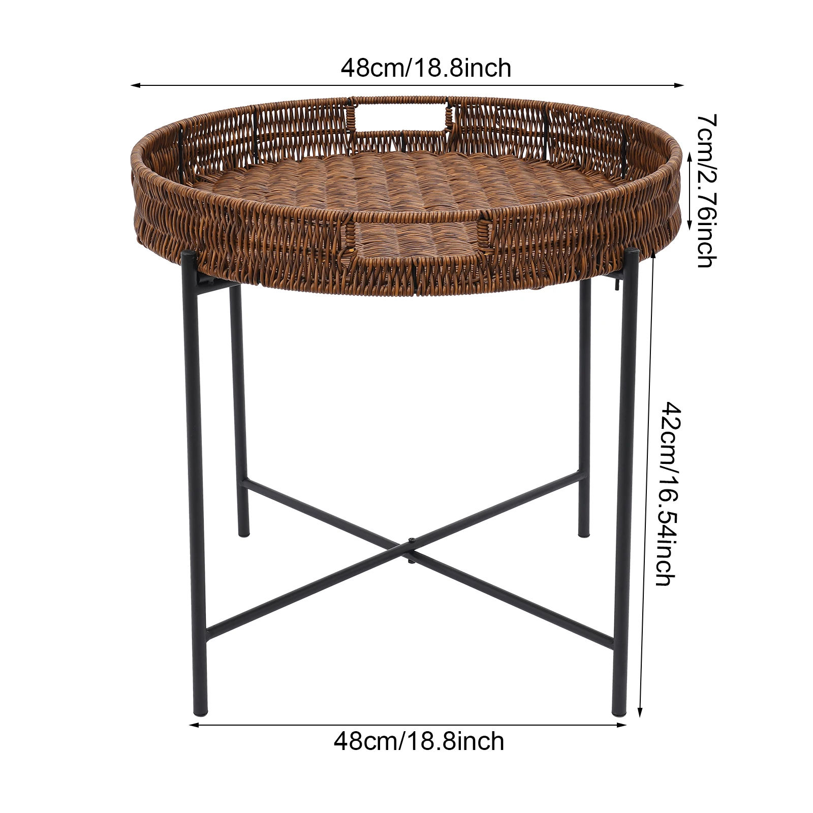 Productfoto van de opvouwbare rotan bijzettafel op witte achtergrond, dienblad 48 cm diameter