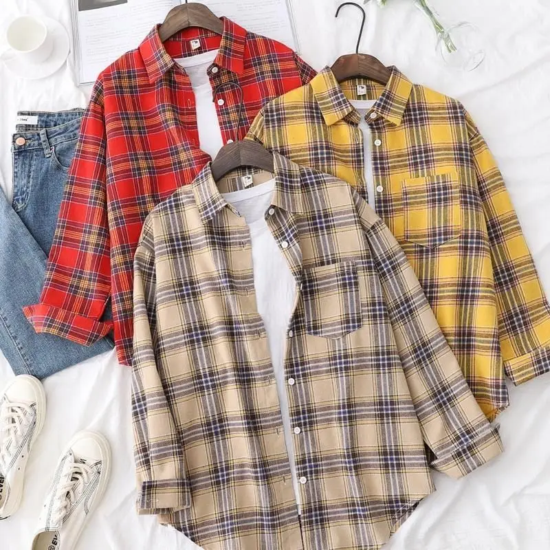 

2025 New Fashion Loose Womens Plaid Shirt Fresh College Style Design Blouses And Tops Long Sleeve Casual Female Checked Clothes
