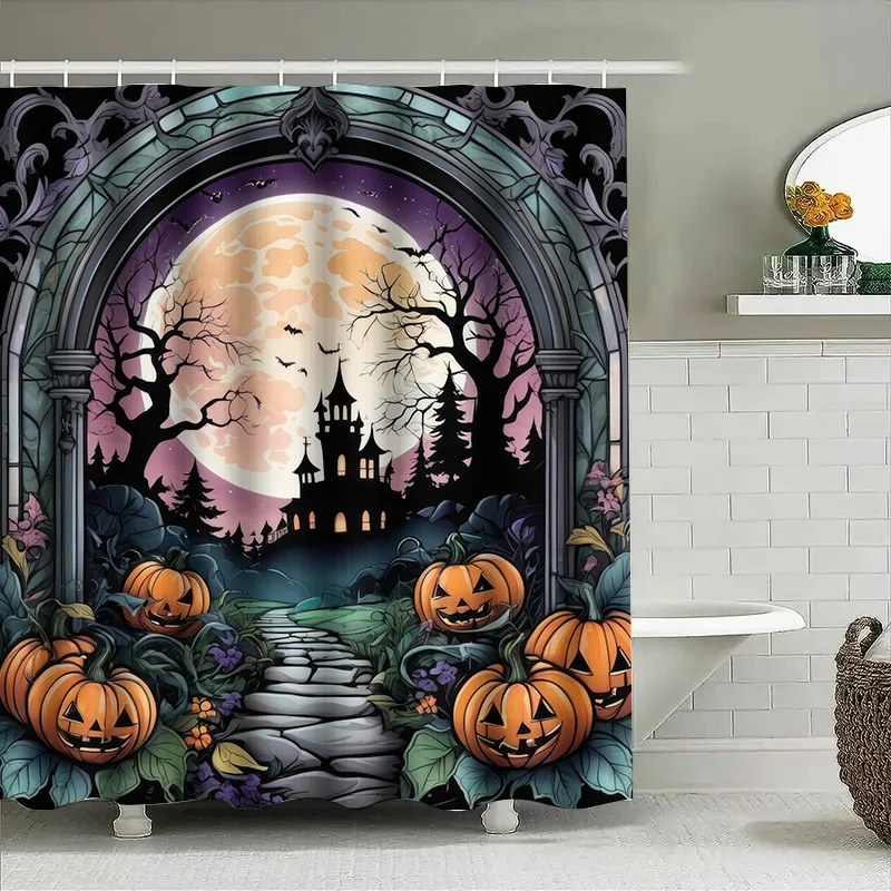 

1PCHalloween Bat Moon Castle Shower Curtain for Bathroom Decor Spooky Art Backdrop