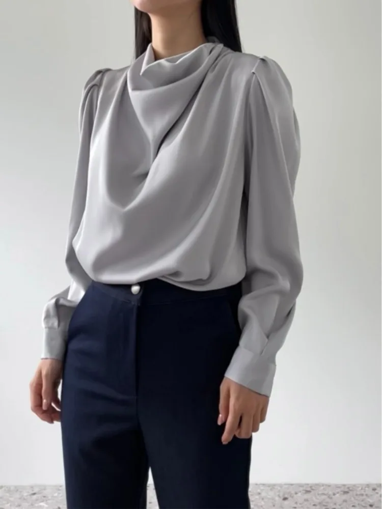 Ele Spring Bubble Sve Satin Loose Women's irt Chic Pleated Design Stand Collar Versatile Faionable Commute Sle