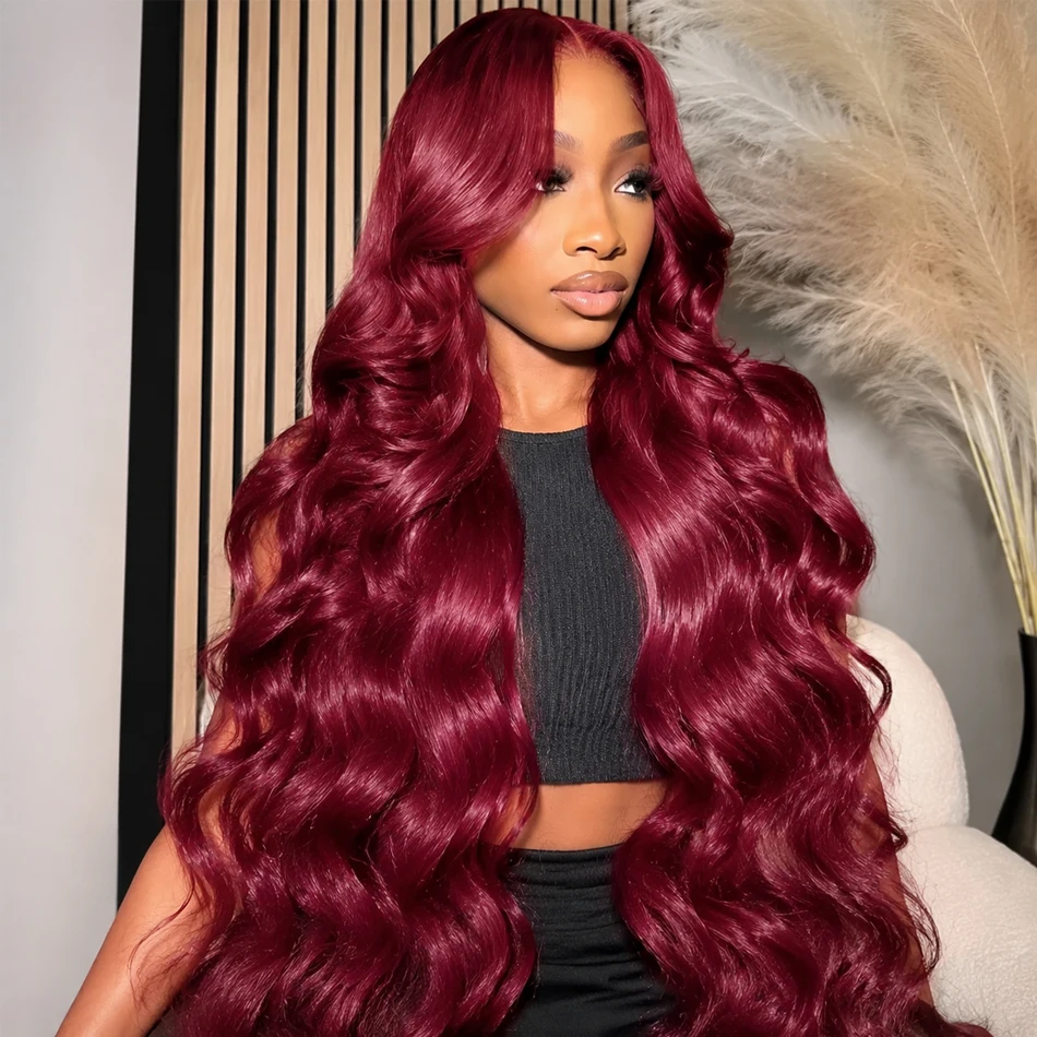 

99J Burgundy Wig Human Hair 13x6 HD Transparent Body Wave Lace Frontal Wigs Pre Plucked With Baby Hair Water Wave 32 34 inch Red Wine 250% Density for Women Brazilian Hair