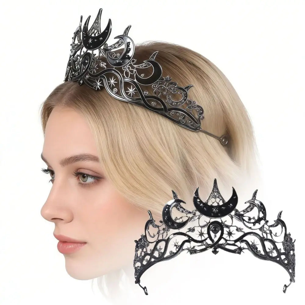 

Vintage Black Color Moon Tiara Vintage Style Luxury Design Queen Crown Elegant Hair Jewelry Accessories Star Headpiece for Women