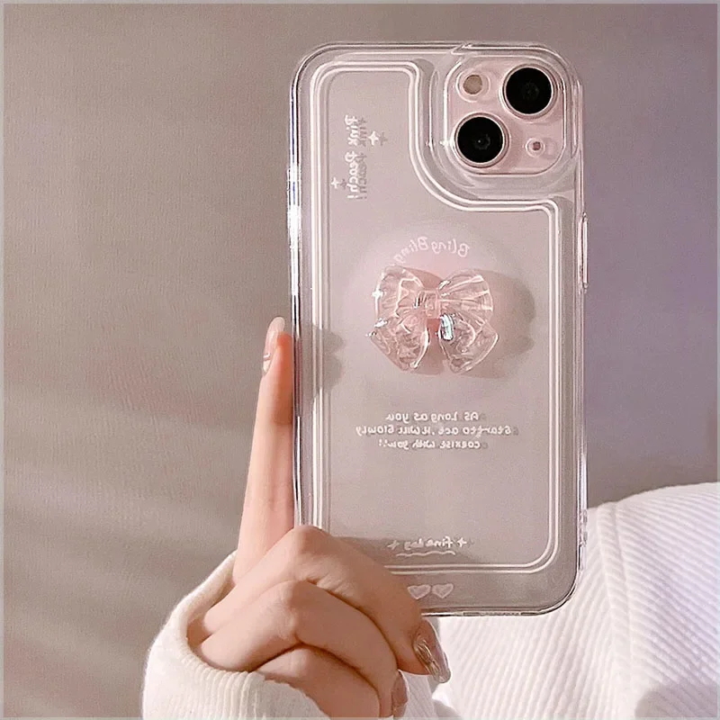 NEW 3D Bow Transparent Phone Case For IPhone 15 14 16 Plus 11 12 Pro Max 13 Mini X XR 7 8 Plus SE2 Crystal Candy Cute Soft Cover