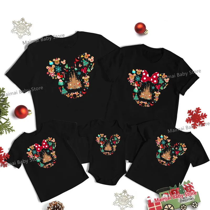 New Gingerbread Mickey Minnie Print Family Matching Christmas Shirts Funny Family Look Disneyland Xmas Trip Tops Tees Outfits