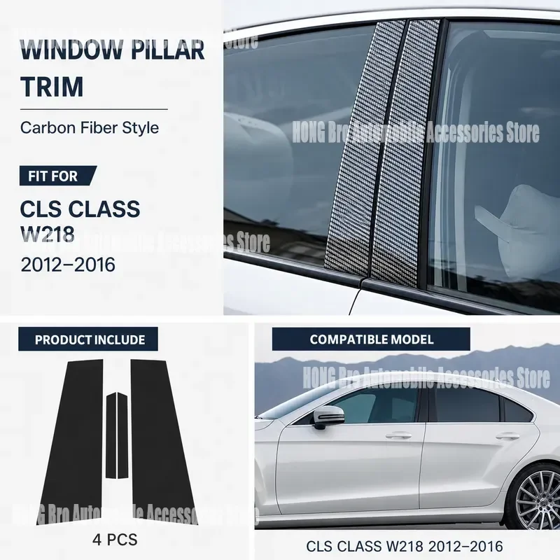 For Mercedes Benz CLS Class W218 2012-2016 Glossy Black Carbon Fiber B C Pillar Post Cover Trim Sticker Window Door