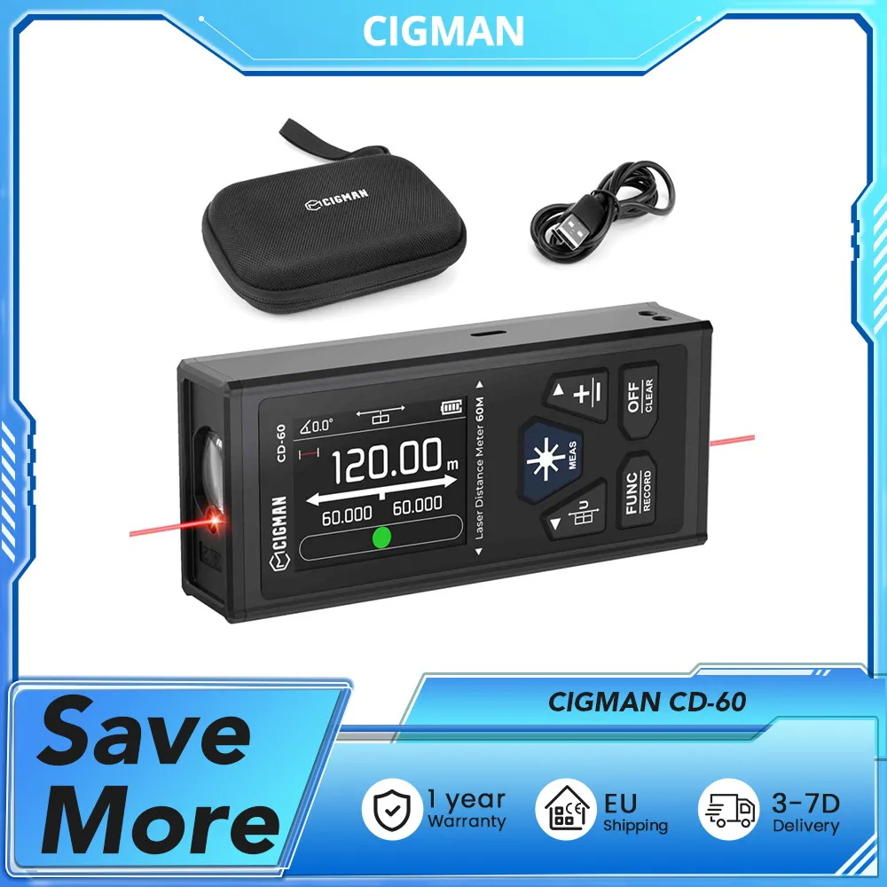 CIGMAN Dual Laser Measuring Tool, 393ft Bilateral Measurement, Rechargeable LCD, Angle Sensor, Pythagorean Mode CIGMAN Dual Laser Measuring Tool, 393ft Bilateral Measurement, Rechargeable LCD, Angle Sensor, Pythagorean Mode