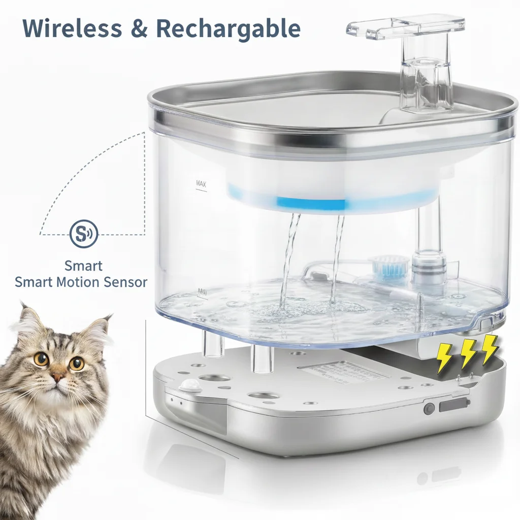 

Беспроводной фонтанчик для воды для кошек, 2 л, перезаряжаемый, аккумулятор 5000 мАч, умный датчик движения, ультратихий, из нержавеющей стали