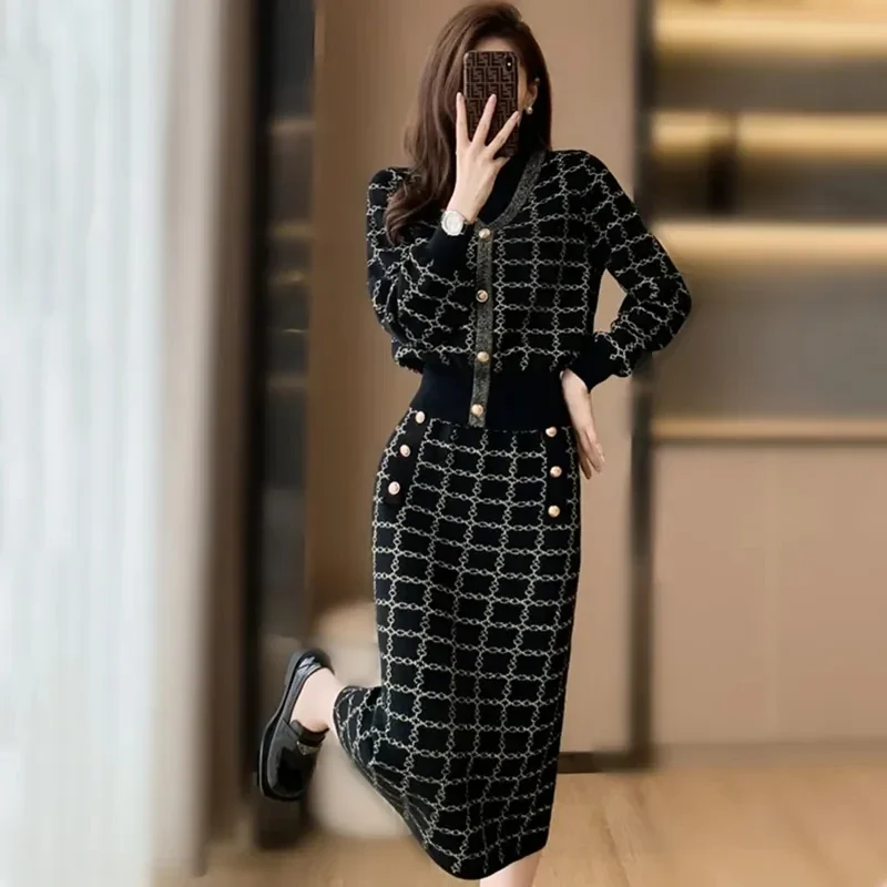 Korean Plaid Sweaters 2 Piece Sets Women Causal Half Turtleneck Knit Pullover Tracksuit Slim High Waist Knitwear Skirts Conjunto