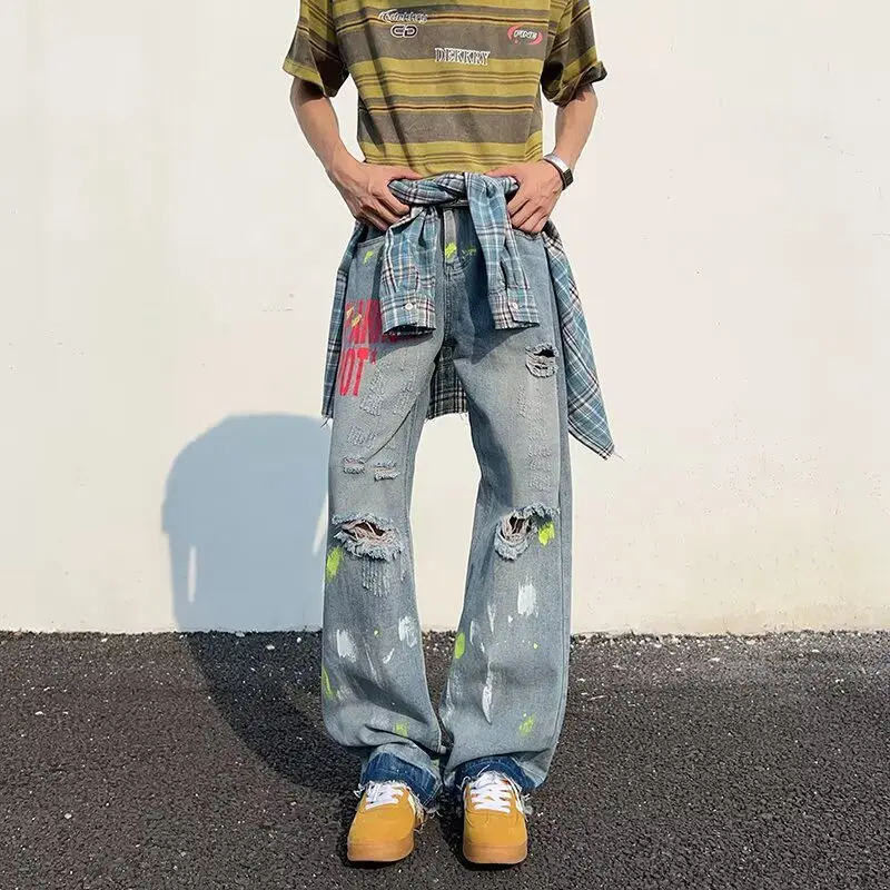 WTHT Fashion Men's Letter Print Hole Do Old Design Denim Pants Vintage High-waisted Wide Leg Jeans Male 2025 Autumn 2A1830