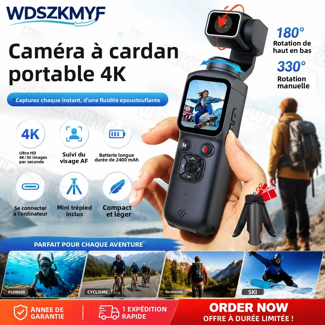 Caméra de sport portable 4K à écran tactile pour vlog avec 330 fonctionnalités °   Stabilisateur portable avec objectif de suivi du visage pour caméra corporelle et enregistrement vidéo