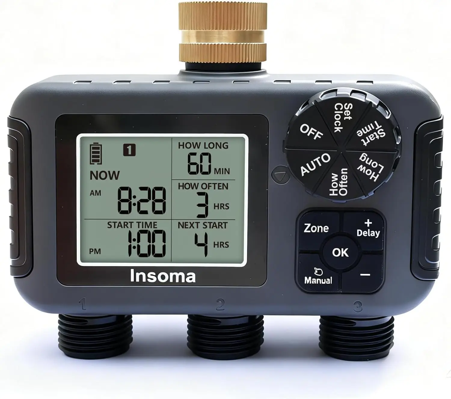 

Трехзонный таймер полива с латунным входом, водонепроницаемость IPX5, программируемый автоматический/ручной режим, отсрочка полива при дожде и большой ЖК-дисплей для сада и газона