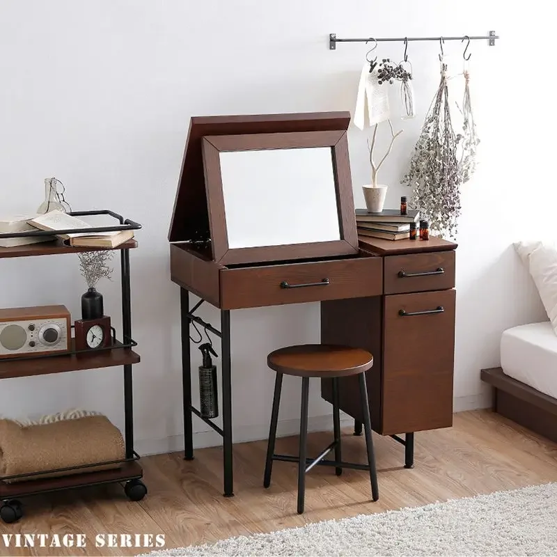 Japanese-style bedroom dresser, wrought iron, small apartment, flip mirror, dressing table, original walnut, simple multi-functi