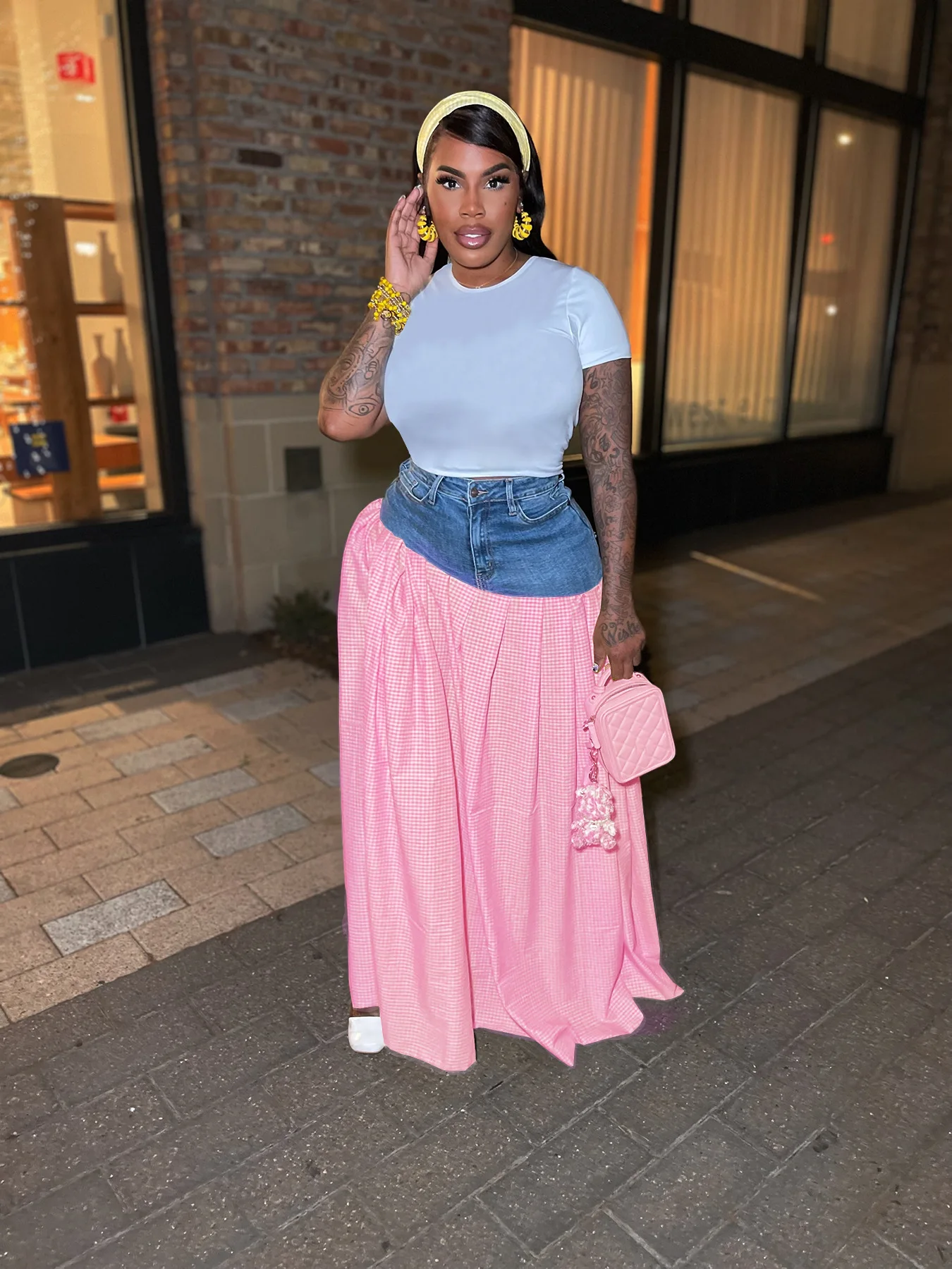 Summer Streetwear Classic Causal Party Skirt Women Split Plaid Denim Patchwork Loose Maxi Long Skirts