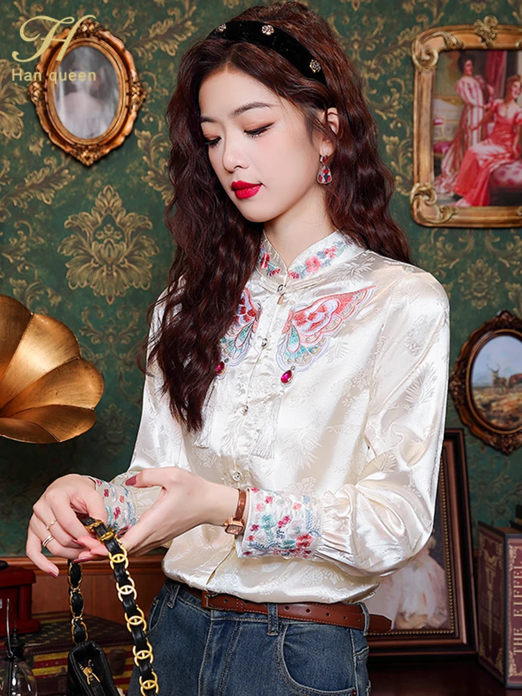 H Han Queen 2024 Autumn Blouse Women Embroidery Beading Shirts Office Work Blouse Long Sleeve Vintage Loose Tops Woman Clothing