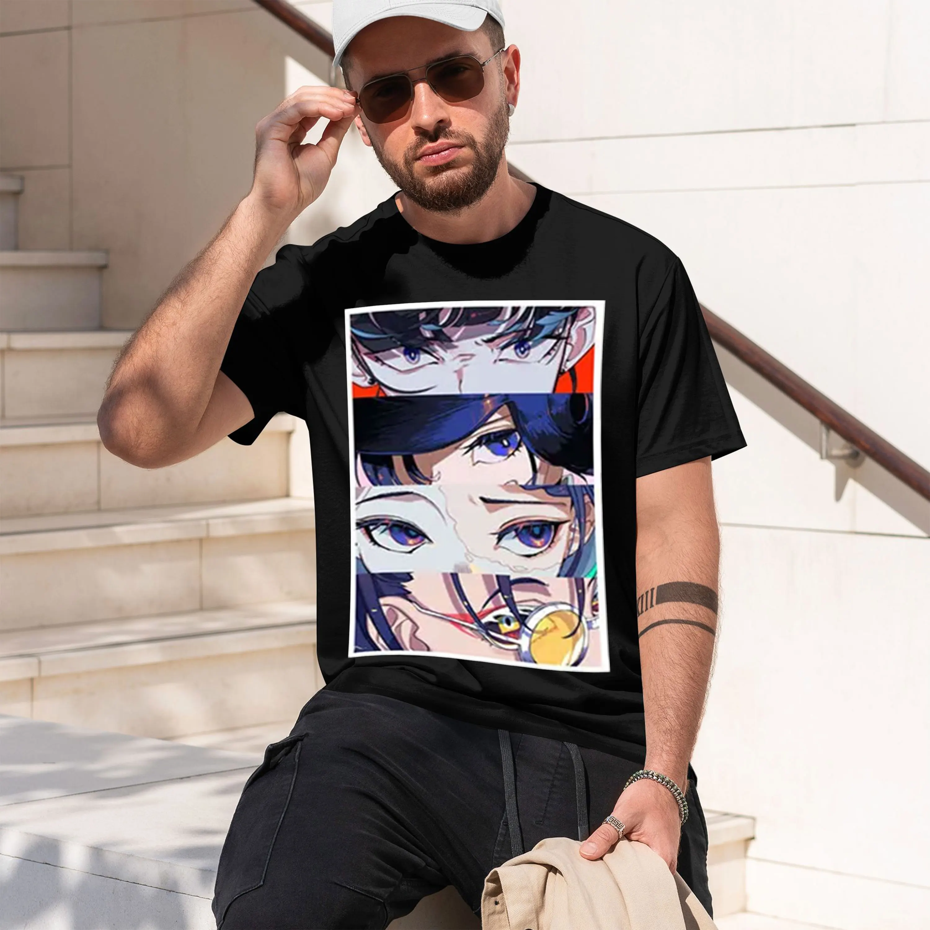 Anime Style Men's T-Shirt Featuring Expressive Eyes And Dramat Details Perfect For Spring And Summer Wear Ideal Gift For Anime E