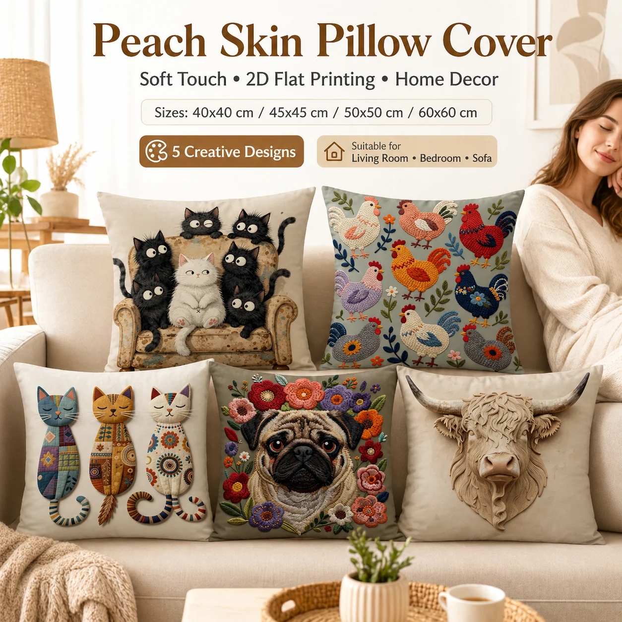 

2D Flat Printed Peach Skin Animal Cushion Cover Black Cat Floral Pug Highland Cow Throw Pillowcase Sofa Living Room Home Decor
