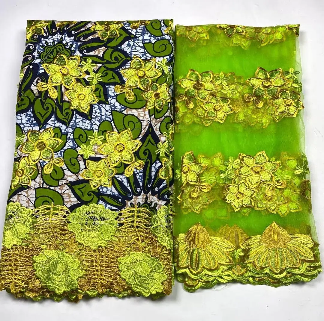 

2025 Nigerian 6Y Lace Wax+2 yards Print African Fabrics High Quality for Patchwork New Style Fabric for Clothing Home Decor 3C11