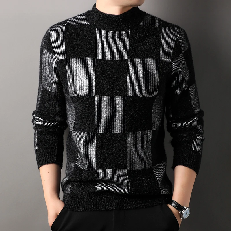 Luxury Brand New 2024 Autumn/Winter Men's Plaid Color Blocked Long Sleeved O-Neck Pullover Sweater Mink Fur Warm Men's Knitwear