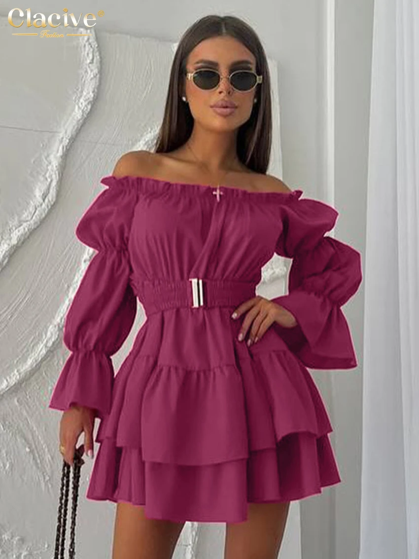 

Clacive Sexy Loose Pink Women's Dress 2025 Fashion Slash Neck Long Sleeve Mini Dresses Elegant Classic Pleated Female Dress