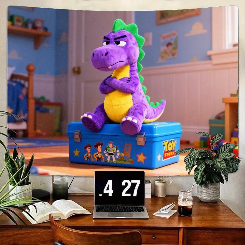 

1 шт., плюшевый гобелен «История игрушек», фиолетовый сварливый динозавр, мультяшный настенный художественный декор для детской комнаты, декор в общежитии, забавная сцена из фильма, полиэстеровая стена Hangi