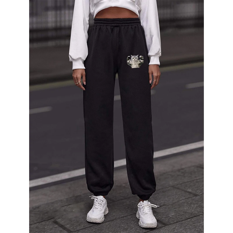 

Cat Printed Cute Women's Trousers Casual Loose Elastic Waist Women's Drawstring Pants Pockets Female Pants