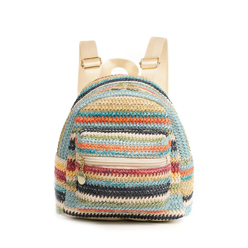 Mini Backpack Women\'s Shoulder Bags Straw Handmade Girls PU Leather Bagpack Knapsack Simple Fashion Small School Bags Rucksack