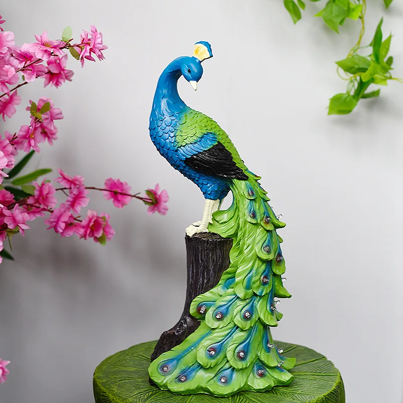 Garden Solar Peacock Statue Resin Color Changing Animal Ornament Outdoor Decorations Accessories Night Light Ornament