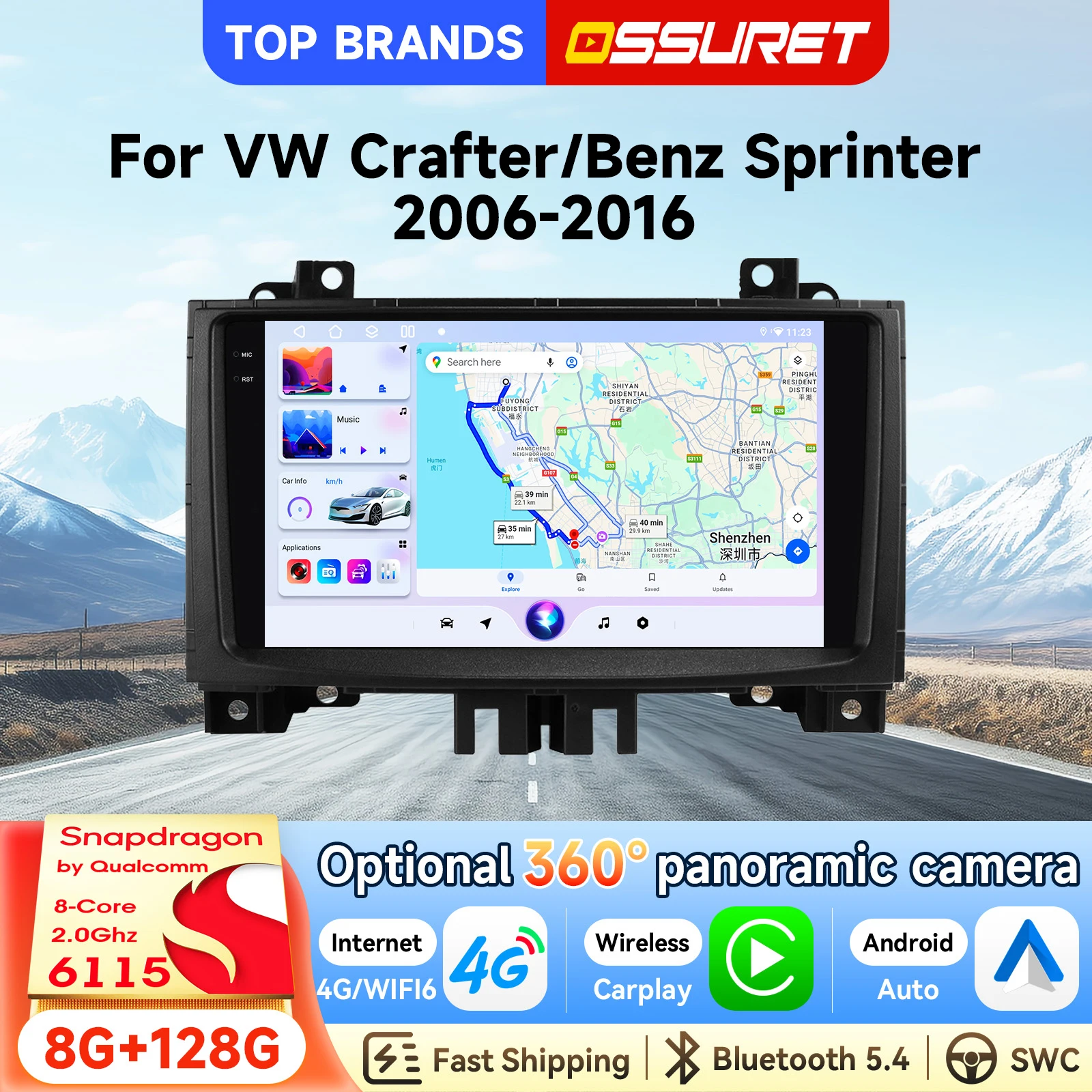 OSSURET Opzionale 360 ° Autoradio 2 Din 9'' Android 15 per VW Crafter/Benz Sprinter 2006-2016, CarPlay, Android Auto, Lettore Multimediale per Auto, Bluetooth, Schermo 6115, Octa Core, FM RDS, DSP,