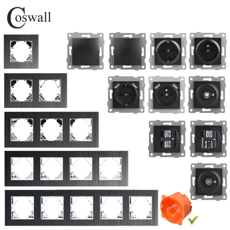 COSWALL HA Series Black Brushed Aluminum Panel Wall Light Switch EU Socket USB Charging CAT6 Internet Satellite TV Module DIY