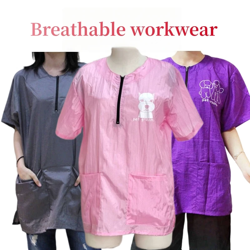 

Pet Dog Grooming Uniforms Pet Groomer Work Clothes Anti Hair Anti Static Smock Non-stick Hair Gown Breathable Tops M/L/XL Y0519