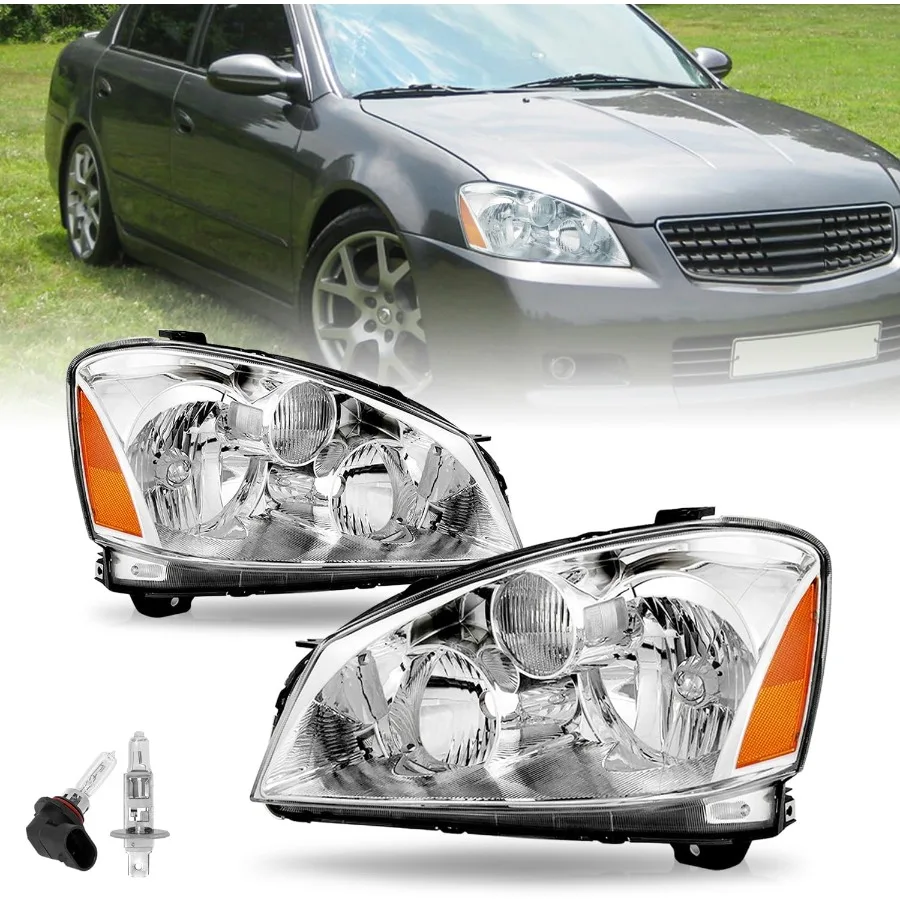 

Пара фар в сборе, совместимая с галогенной хромированной фарой Altima 4Door Sedan 2005-2006, с янтарным отражателем для водителя и