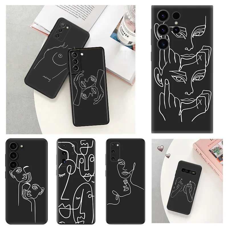 Silicone Soft Phone Cases for Samsung S24 S23 5G S22 S21 S20 Ultra FE S10 Abstract Geometric Line Drawing Kiss Face Art Cover