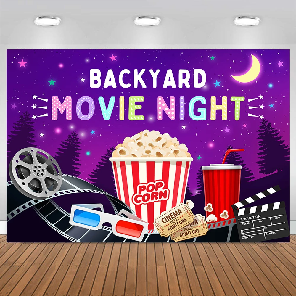 Mocsicka Purple Girl Movie Night Backdrop Backyard Popcorn Sparkling Drink Cinema Ticket Background Birthday Party Decoration