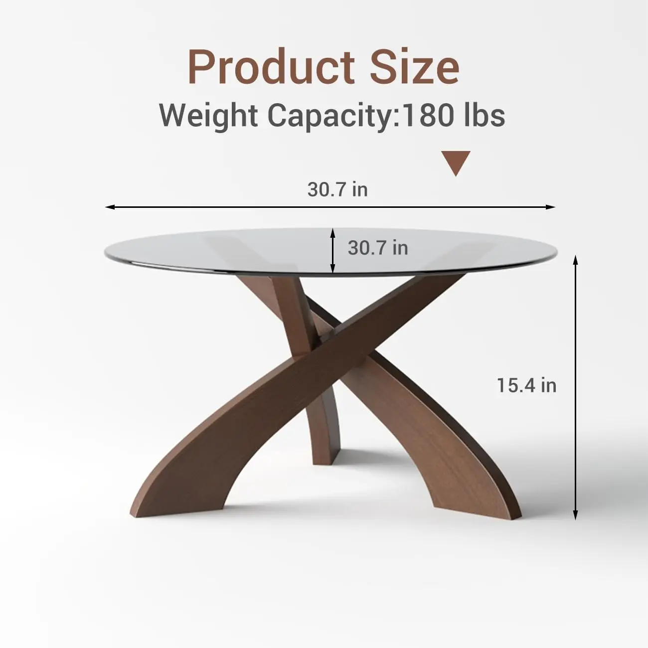 30.7 Inch Round Glass Coffee Table Modern Center Accent Table With Tempered Glass Top Walnut Wood X Shaped Base Table For Living Room Apartment Small Spaces, Walnut