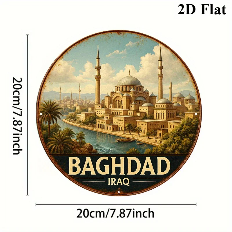 Vintage Decorative Sign Related to 'Baghdad Iraq', a Round Aluminum Plaque , Featuring Middle Eastern City Charm,