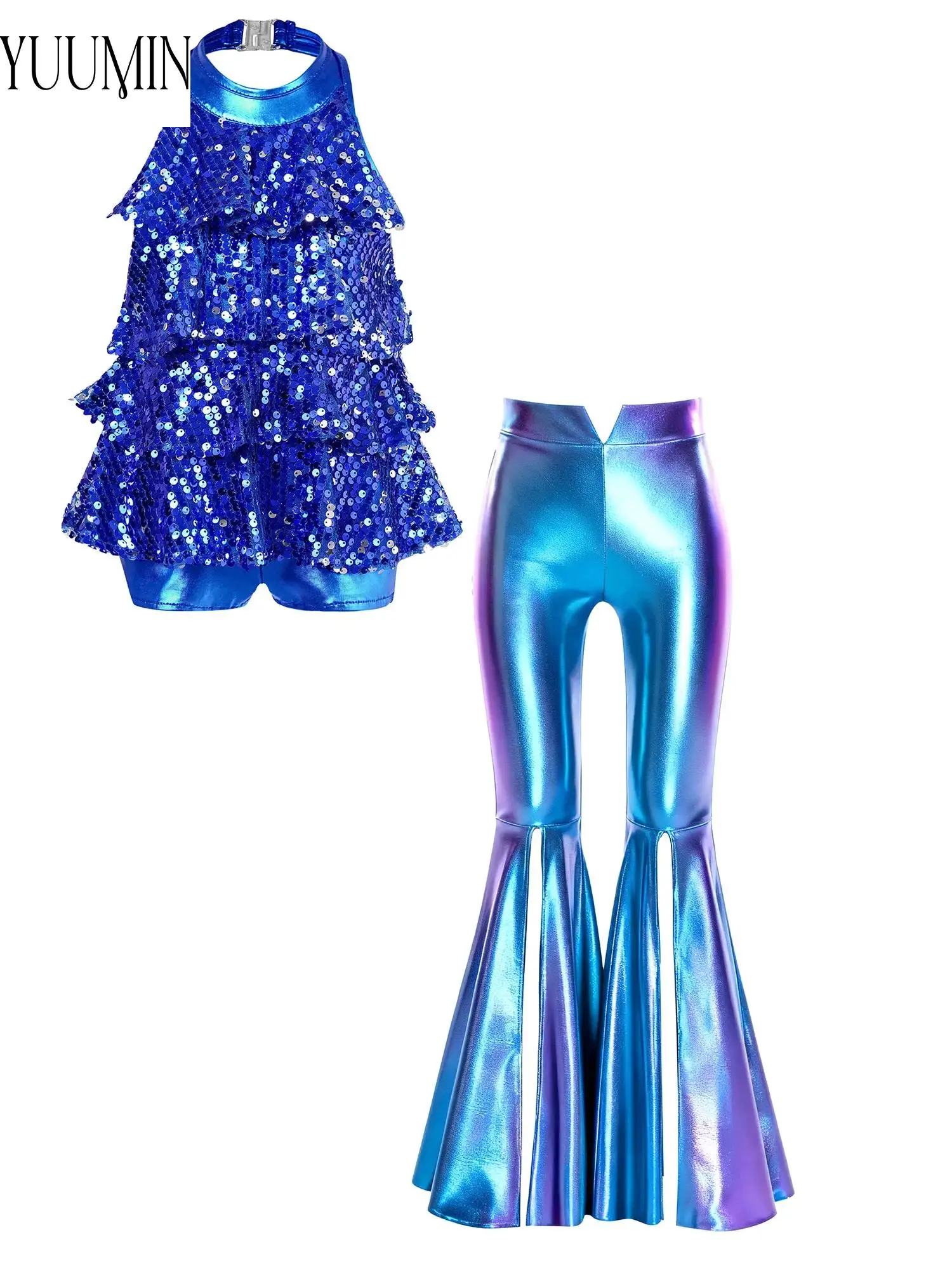 kids-girls-shiny-sequin-jazz-dance-costume-halter-backless-leotard-split-flared-pants-for-performance-competition