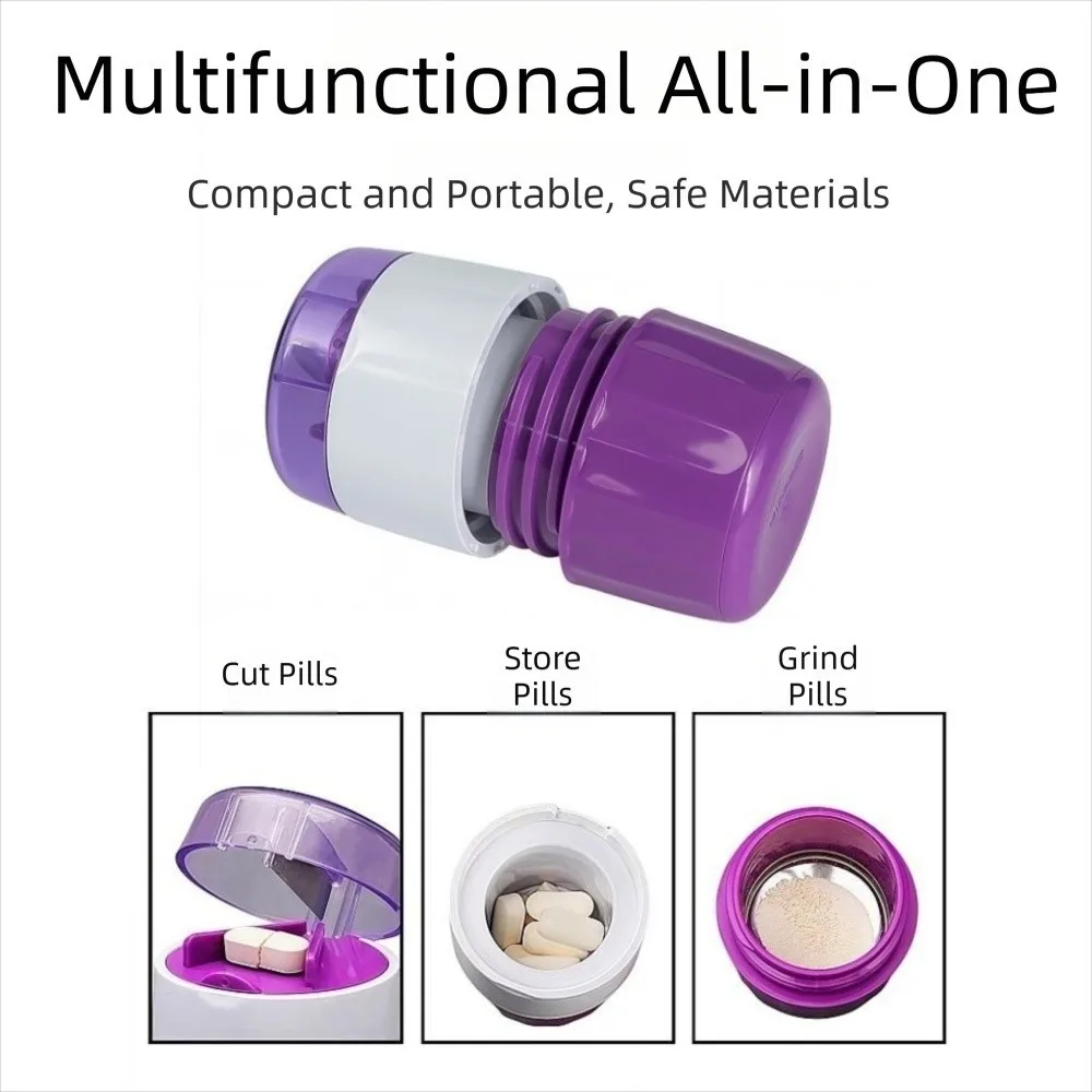 Stainless Steel 3-in-1 Pill Crusher Dust Proof Splitter Fine Powder Tablet Grinder Portable Precise Cutting Pill Storage Box
