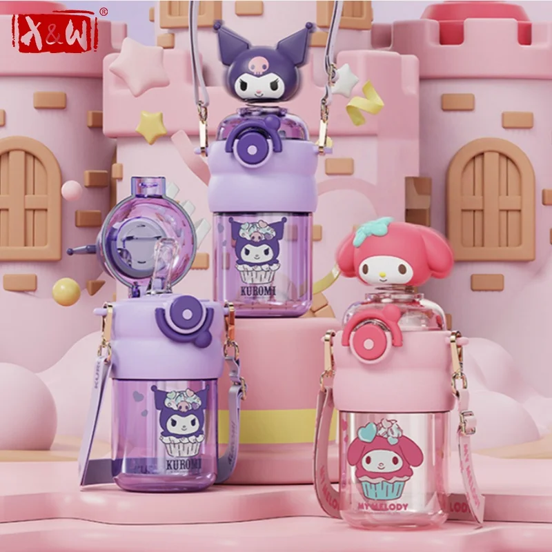 Botella de Agua X&W de 600 ml de Sanrio Kuromi, Linda Taza con Pajita de Tritán y Tapa con Muñeca Extraíble, Vasos de Agua con Dibujos Animados, Bebedero Portátil de Viaje