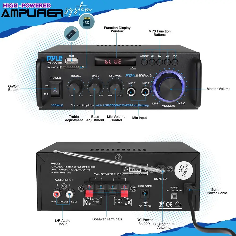 Wireless Dual-Channel Stereo Audio Amplifier with Bluetooth, USB/SD Inputs, RCA and MIC Ports, FM Tuner, LED Display
