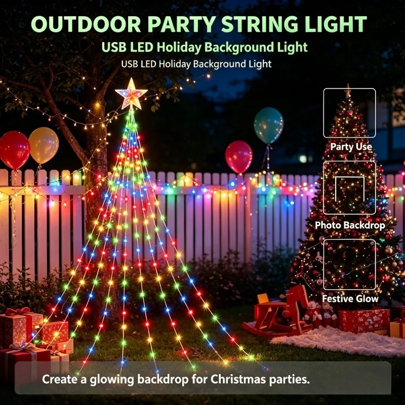 LED Outdoor Christmas String Lights USB Fairy Lights 8 Lighting Modes Suitable for Garden Christmas Tree Holiday Party Atmospher