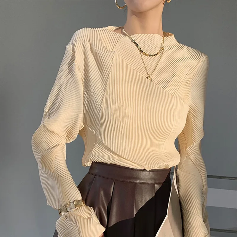 

Miyake Pleated Plisse T-shirt 2026 Spring New Long-sleeved T-shirt Fold High-end Solid Color Thin Design Sense Pleats Tops