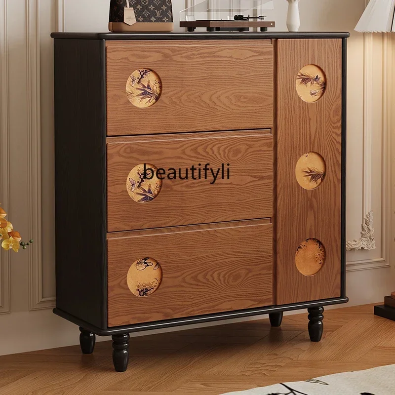 Medieval style solid wood shoe cabinet integrated against the wall French retro style ash wood tipping bucket storage cabinet