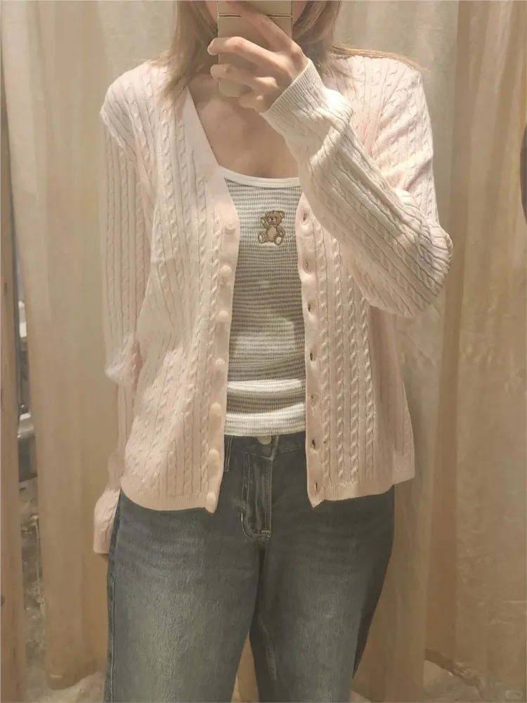 

Sweet Pink Twist Cotton Long Sleeve Knitted Cardigan Women Simple V-neck Casual Preppy Style Jumper Prepppy Style Sweater Top