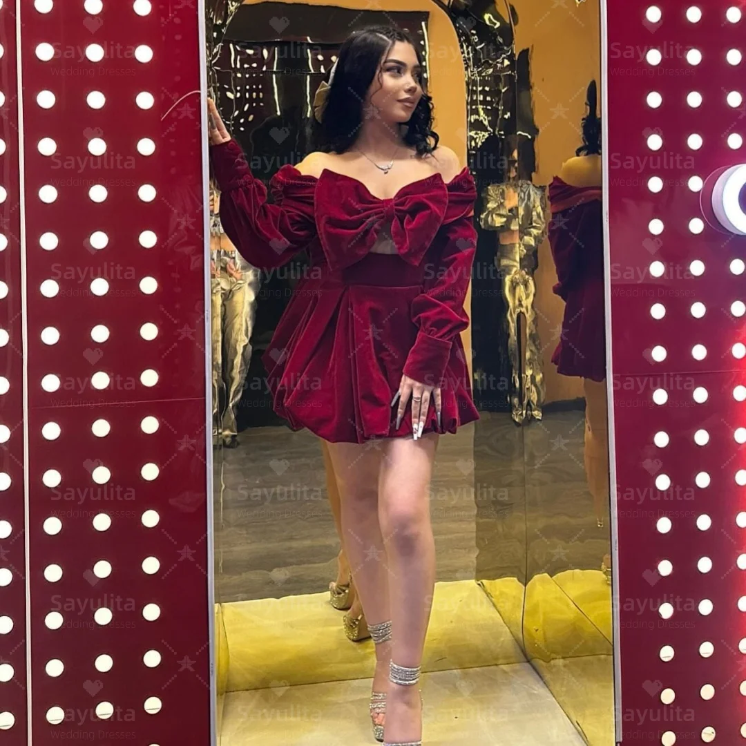 

Sayulita 2025 Short Prom Dresses with Bow Long Sleeves Graduation Party Homecoming Dress Zipper Back Cocktail Gowns Customized