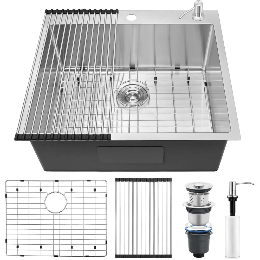 

Homikit 25 x 22 Inch Drop In Kitchen Sink, 16 Gauge Stainless Steel Single Bowl Kitchen Sinks, Large Brushed Nickel Topmount