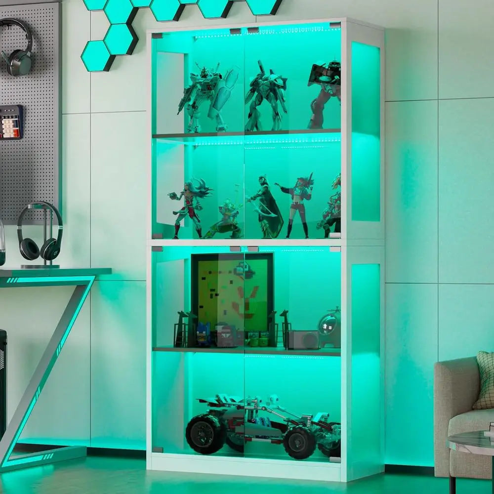 

4-ярусная стеклянная витрина с 12 цветными светильниками, белая, идеально подходит для коллекционных предметов, игрушек, книг и игровой комнаты