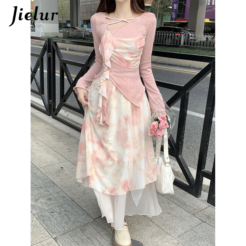 Jielur Spring Fashion Sweet Women Irregular Dress Retro Panel Long Sleeved Top Fragmented Flower Half Skirt Two Piece Set Dress