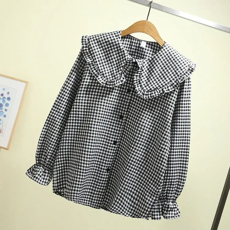 女性ブラウス春黒白チェック柄長袖ルーズフィットシャツコートトップ Blusas Ropa De Mujer